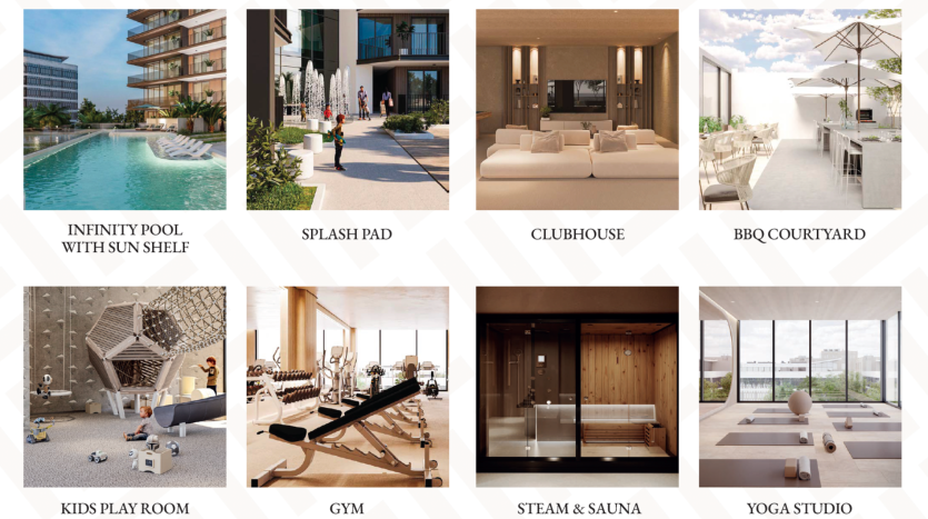 Un collage promotionnel présentant les caractéristiques d&#039;un complexe résidentiel de luxe à Dubaï, notamment une piscine à débordement, une pataugeoire, un club-house, une cour pour barbecue, une salle de jeux pour enfants, une salle de sport, un hammam et un sauna et un studio de yoga.