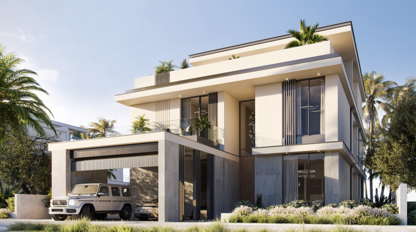 Maison moderne à deux étages à l&#039;architecture géométrique, avec de grandes fenêtres et entourée de palmiers, comprenant un SUV garé sous une allée couverte ; une opportunité d&#039;investissement idéale à Dubaï.