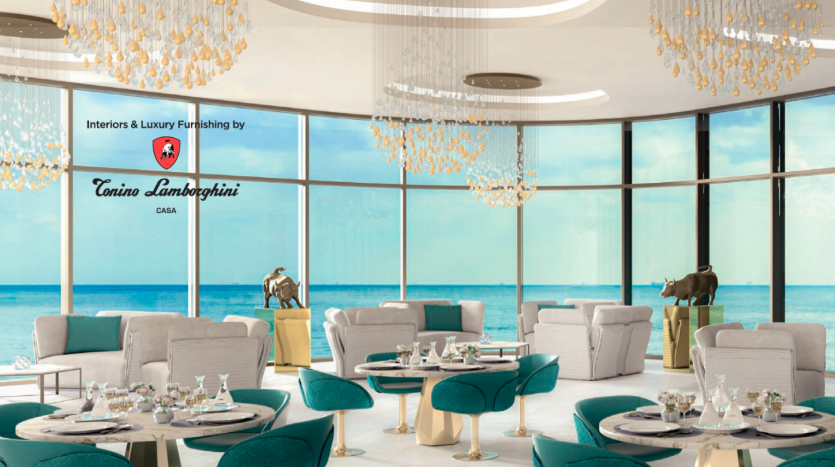 Salle à manger de luxe avec vue panoramique sur l&#039;océan, dotée d&#039;élégants meubles blancs et turquoise, de lustres élaborés et d&#039;une bannière Tonino Lamborghini Casa dans une villa exquise à Dubaï.