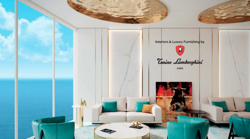 Un salon de luxe dans une villa de Dubaï avec vue sur l&#039;océan, doté de meubles bleu sarcelle et blanc, d&#039;une grande peinture abstraite et d&#039;une décoration signée Tonino Lamborghini Casa.