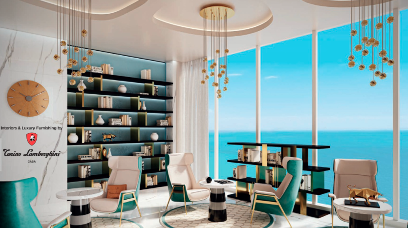 Salon de luxe moderne dans un appartement de Dubaï surplombant l&#039;océan, doté d&#039;un mobilier élégant, de fenêtres pleine hauteur et de luminaires artistiques, en mettant l&#039;accent sur des étagères élégantes et des sièges confortables.