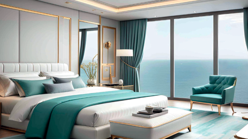 Chambre luxueuse dans une villa de Dubaï avec un grand lit, une literie bleu sarcelle et blanche, des baies vitrées offrant une vue sur la mer et un fauteuil près de la fenêtre. Une douce lumière naturelle remplit le