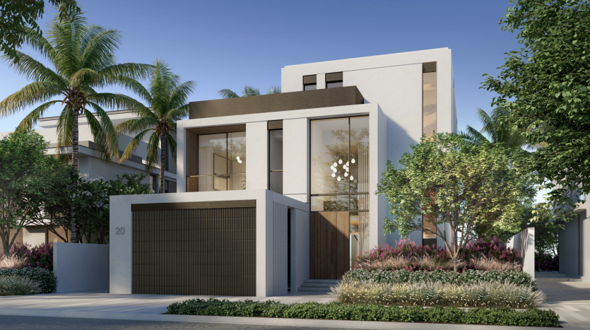 Maison moderne à deux étages avec un toit plat, de grandes fenêtres et un garage, entourée d&#039;un aménagement paysager luxuriant et de palmiers sous un ciel dégagé à Dubaï.
