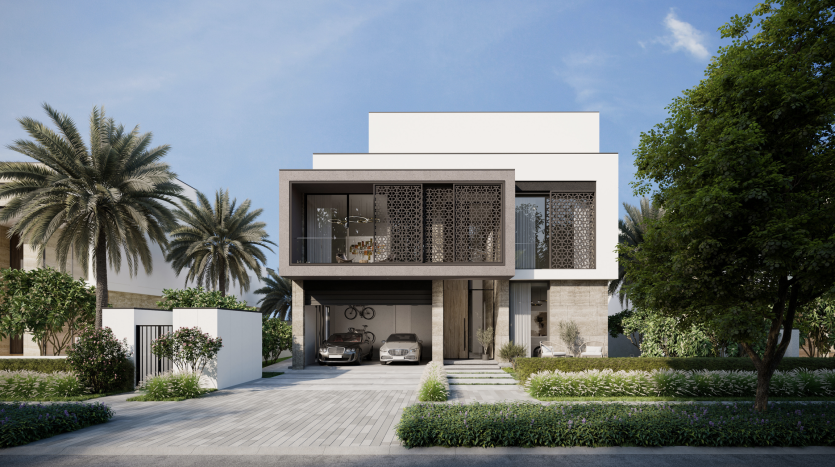 Une maison moderne à deux étages avec des éléments de conception géométriques, de grandes fenêtres en verre et des treillis métalliques ornés. Une verdure luxuriante entoure la propriété proposée par une agence immobilière de premier plan à Dubaï, et