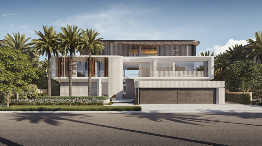 Une maison moderne de deux étages présentant un mélange de murs blancs et d'accents en bois, entourée de palmiers et de verdure luxuriante, idéale pour investir à Dubaï, avec un grand garage devant.