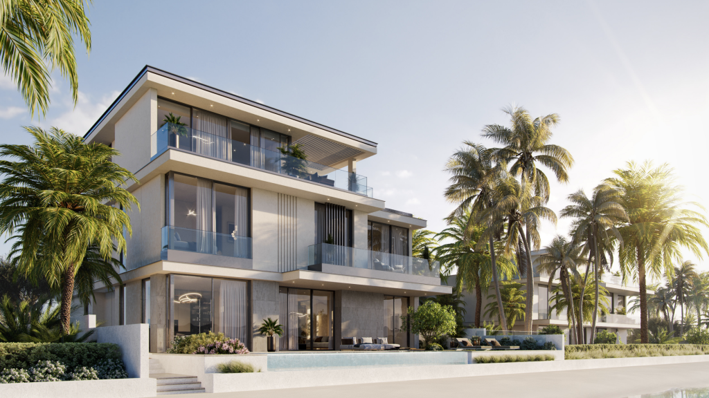 Maison de luxe moderne de trois étages avec de grandes fenêtres et balcons en verre, entourée de grands palmiers sous un ciel dégagé. Le cadre évoque une ambiance sereine et tropicale, idéale pour investir dans l'immobilier à Dubaï