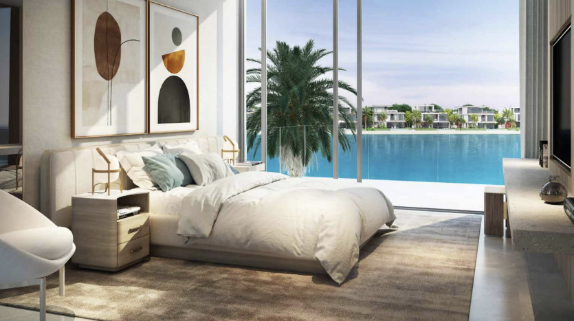 Luxueuse chambre de villa à Dubaï ouvrant directement sur une piscine, avec un mobilier et une décoration modernes, de grandes fenêtres vitrées offrant une vue sur les palmiers et l&#039;eau, créant une atmosphère sereine.