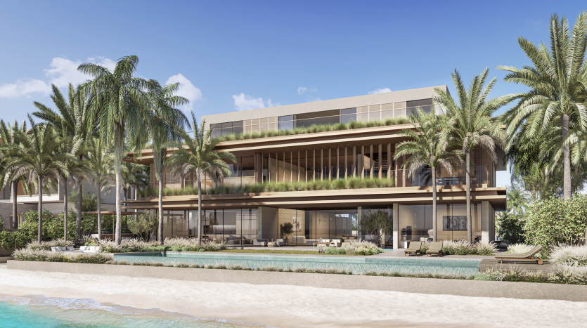 Un luxueux appartement en bord de mer à Dubaï avec de grandes fenêtres en verre, entouré de palmiers, dispose d&#039;une grande terrasse et d&#039;une piscine à débordement donnant sur une plage sereine.