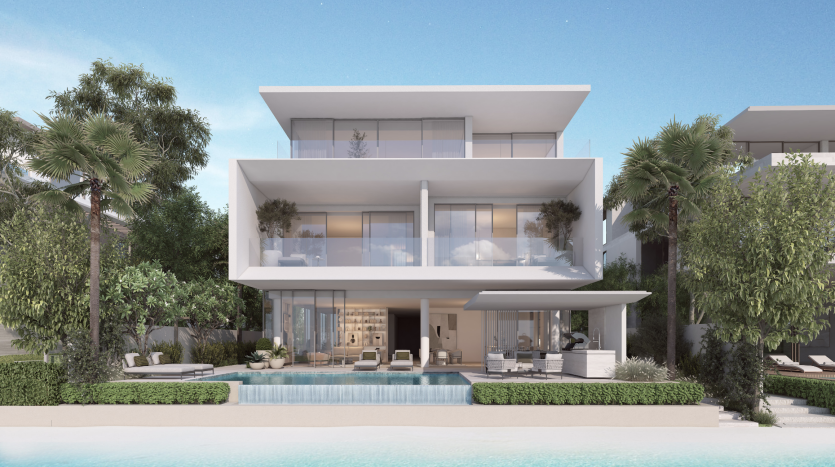 Luxueuse villa moderne à Dubaï avec grande piscine, entourée d'une verdure luxuriante, présentant d'élégants balcons blancs et de vastes fenêtres en verre.
