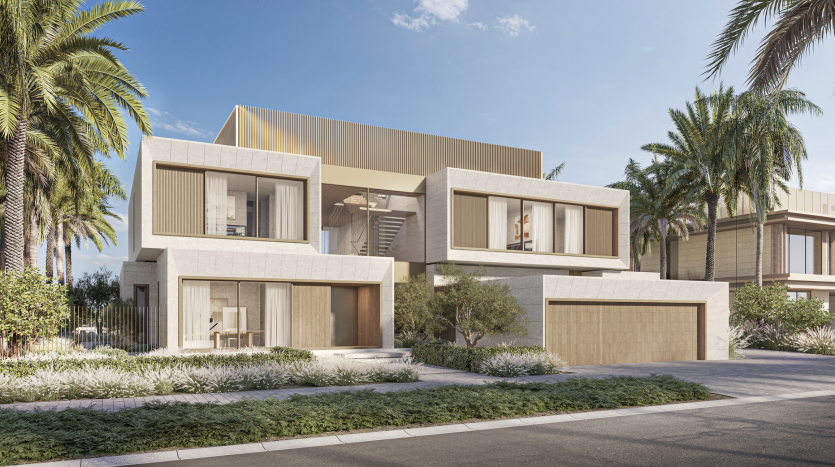 Un rendu d'architecture résidentielle moderne comprenant deux villas cubiques connectées avec des façades texturées sablonneuses, de grandes fenêtres, entourées d'une verdure luxuriante et de palmiers à Dubaï.