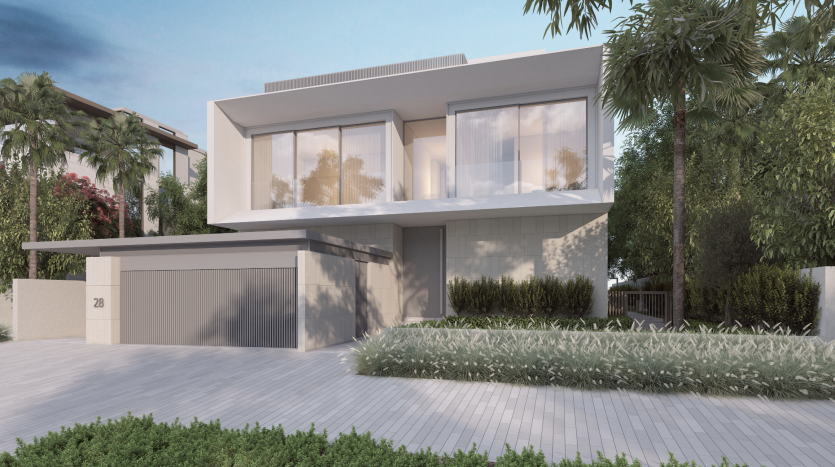 Une maison moderne à deux étages avec de grandes fenêtres, un toit plat et un garage double, entourée de palmiers dans un cadre suburbain, idéale pour investir à Dubaï.
