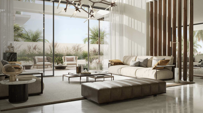 Salon moderne dans une villa à Dubaï comprenant un grand canapé sectionnel, des éléments de décoration en bois, de vastes murs de verre donnant sur un paysage serein et un éclairage intérieur élégant.
