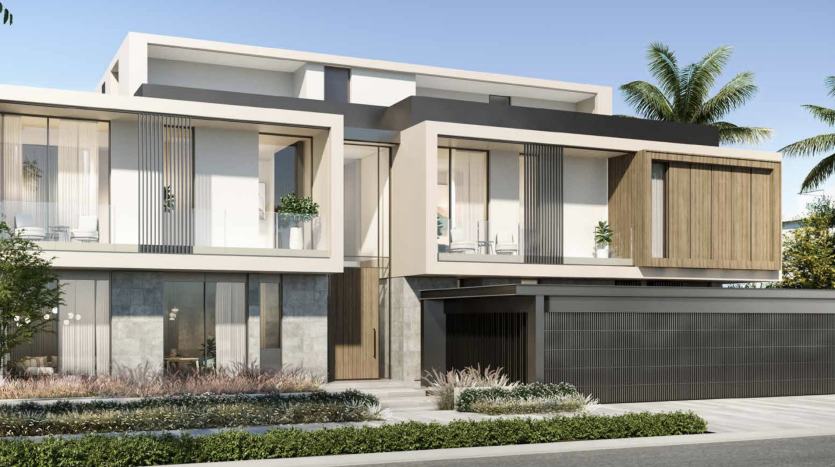 Villa moderne de deux étages à Dubaï avec de grandes fenêtres, des accents en bois et un garage, entourée d&#039;une verdure luxuriante sous un ciel bleu clair.