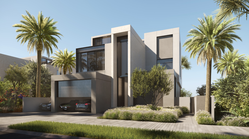 Villa moderne à Dubaï à l'architecture géométrique, entourée de palmiers et de verdure luxuriante, comportant une allée avec deux voitures garées sous un ciel bleu clair.