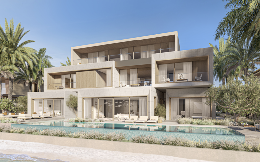 Une villa moderne à plusieurs niveaux à Dubaï avec de grandes terrasses et une piscine à débordement, entourée de palmiers luxuriants et surplombant une plage sereine.