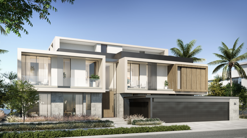 Villa moderne de deux étages à Dubaï avec de grandes fenêtres, des balcons géométriques et un toit plat, entourée de palmiers et située dans une banlieue ensoleillée.