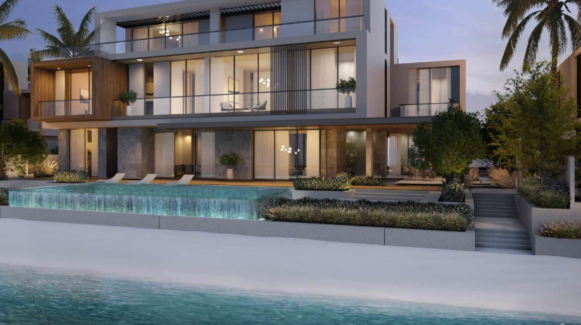 Appartement de plage moderne sur deux étages à Dubaï avec de grandes fenêtres en verre, des balcons et une piscine éclairée par les lumières du soir, entourée de jardins paysagers.
