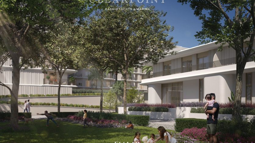 Rendu architectural d&#039;un développement résidentiel moderne nommé Clearpoint, avec des jardins luxuriants, des familles profitant d&#039;activités de plein air et d&#039;élégantes villas blanches en arrière-plan.