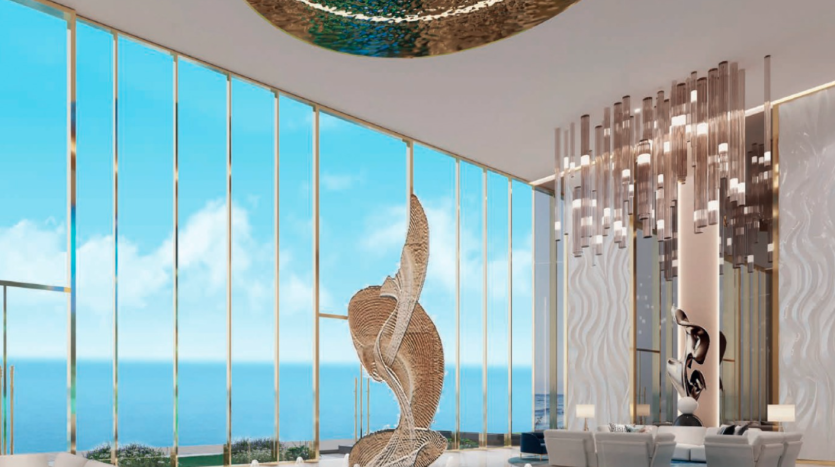 Intérieur luxueux comprenant une sculpture métallique torsadée, un mobilier élégant et des baies vitrées avec vue sur l&#039;océan dans une villa de Dubaï, complétés par un lustre moderne et un décor élégant.