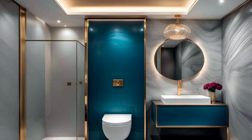 Une salle de bains moderne dans un appartement de Dubaï avec des murs en marbre avec un grand miroir circulaire et des bordures dorées, un meuble sous-vasque bleu sarcelle et des toilettes blanches, le tout sous un éclairage ambiant.
