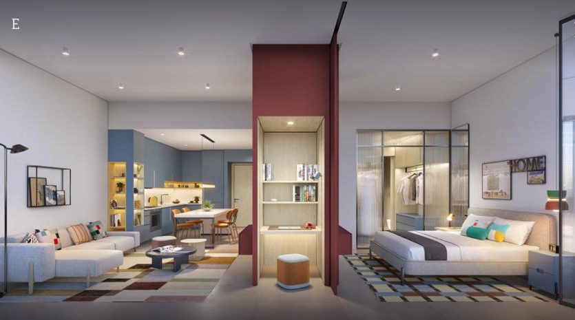 Un rendu architectural d&#039;un studio-villa moderne à Dubaï comprenant des espaces de vie, de cuisine et de chambre distincts avec un mobilier contemporain et une lumière naturelle abondante.