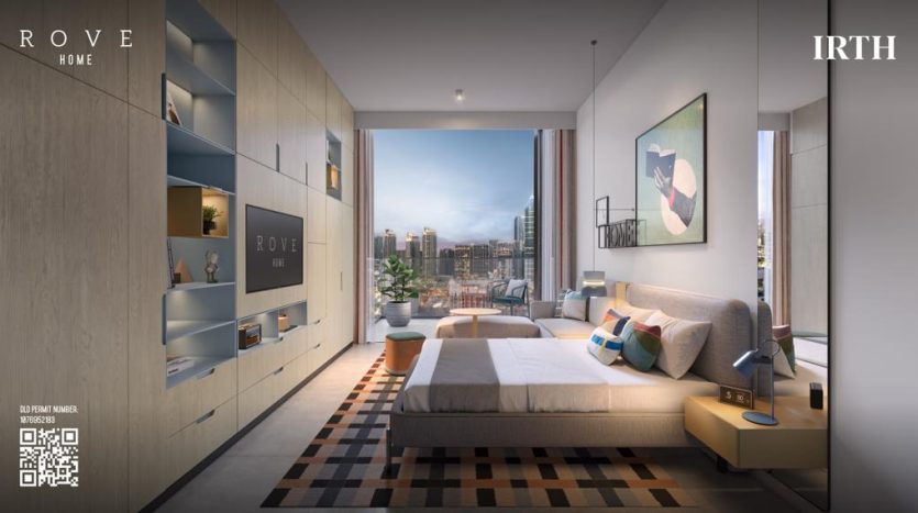 Conception de chambre moderne dans un appartement de Dubaï comprenant un grand lit, des étagères intégrées, un tapis géométrique et une vue panoramique sur la ville depuis les baies vitrées. Le décor comprend des œuvres d&#039;art subtiles et des tons neutres