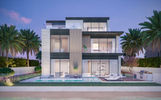 Maison moderne à deux étages à Dubaï avec de grandes fenêtres, entourée de palmiers et de jardins paysagers, avec une piscine au premier plan au crépuscule.