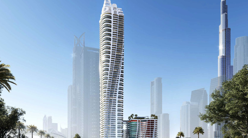 Une ligne d&#039;horizon urbaine moderne avec une variété de gratte-ciel imposants sous un ciel bleu clair, avec une verdure luxuriante au premier plan, résume parfaitement l&#039;attrait d&#039;investissement de Dubaï.