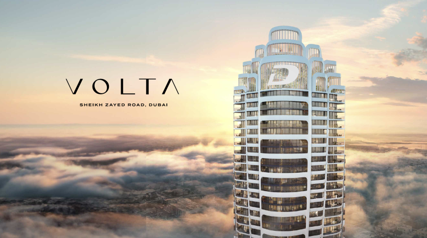 Un immeuble moderne de grande hauteur nommé Volta sur Sheikh Zayed Road, Dubaï, se dressant au-dessus des nuages au lever du soleil, affichant sa conception architecturale unique et représentant une opportunité privilégiée pour l&#039;immobilier Dubaï.
