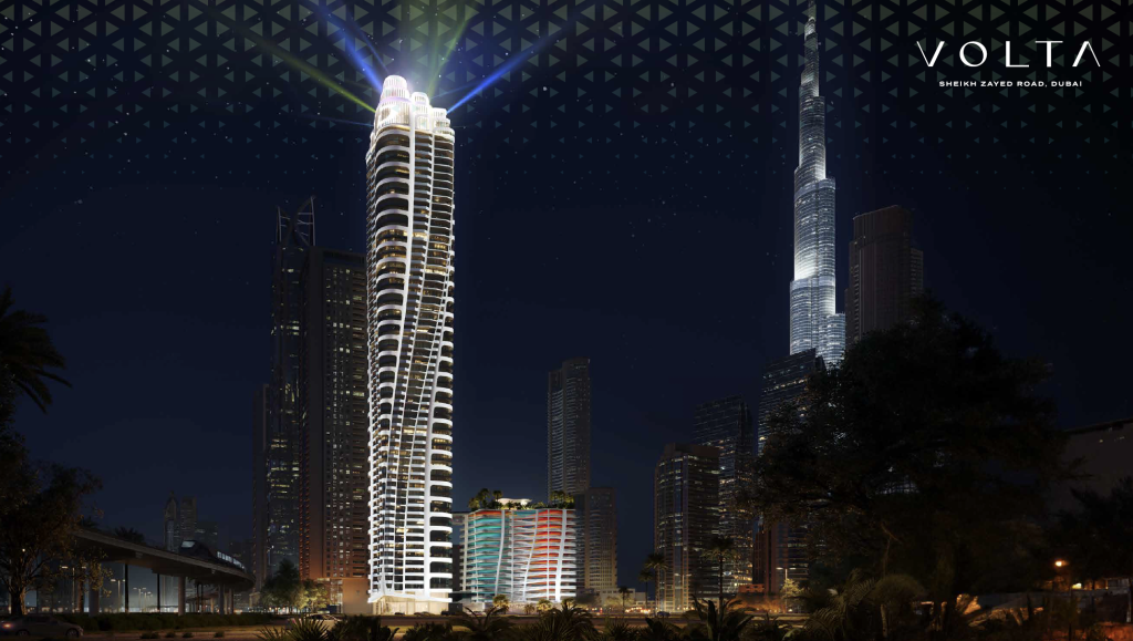 Un paysage urbain futuriste la nuit présentant une tour mise en évidence avec un faisceau de lumière rayonnant émanant du sommet sous un ciel étoilé, entouré de gratte-ciel avec les mots &quot;volta, seconde