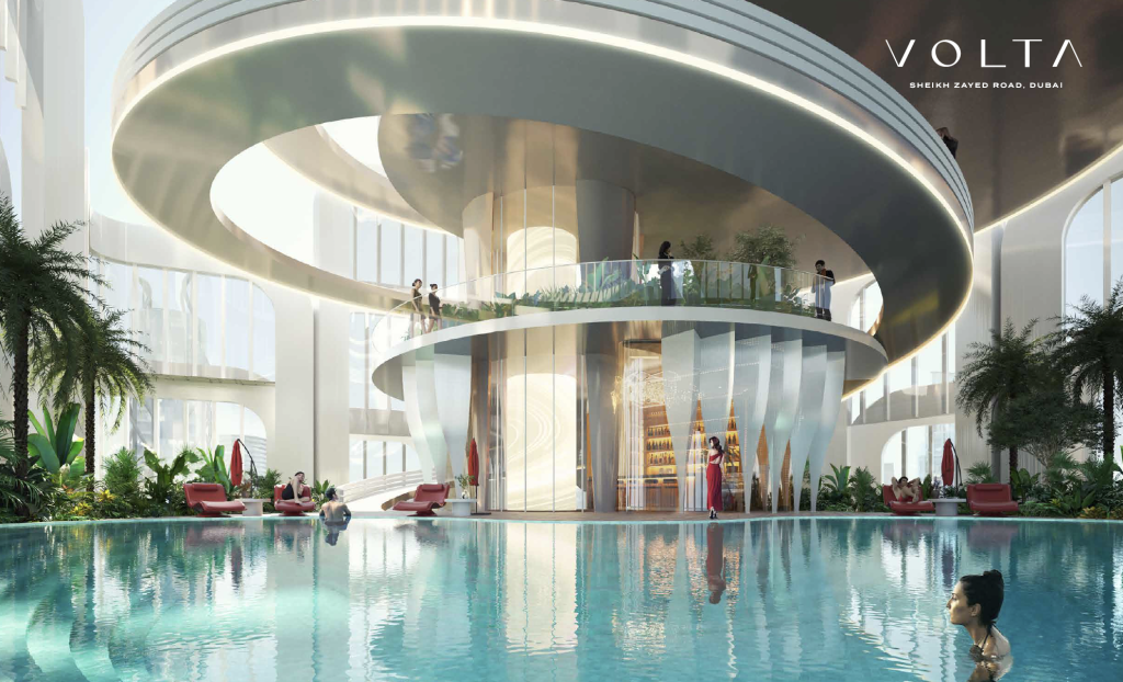 Piscine intérieure moderne avec d&#039;élégants jeux d&#039;eau, entourée d&#039;une verdure luxuriante et de sièges élégants. Architecture incurvée à plusieurs niveaux avec balcons et personnes se détendant dans un cadre luxueux dans un immeuble immobilier de premier plan à Dubaï