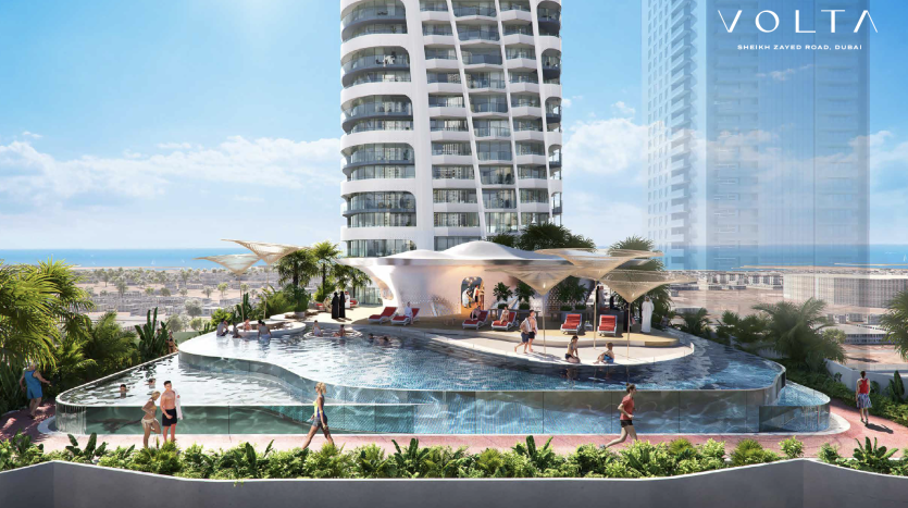 Illustration d&#039;une luxueuse piscine sur le toit de l&#039;appartement &quot;Volta&quot; à Dubaï, où des gens se détendent et nagent, avec des gratte-ciel modernes et une vue côtière en arrière-plan.