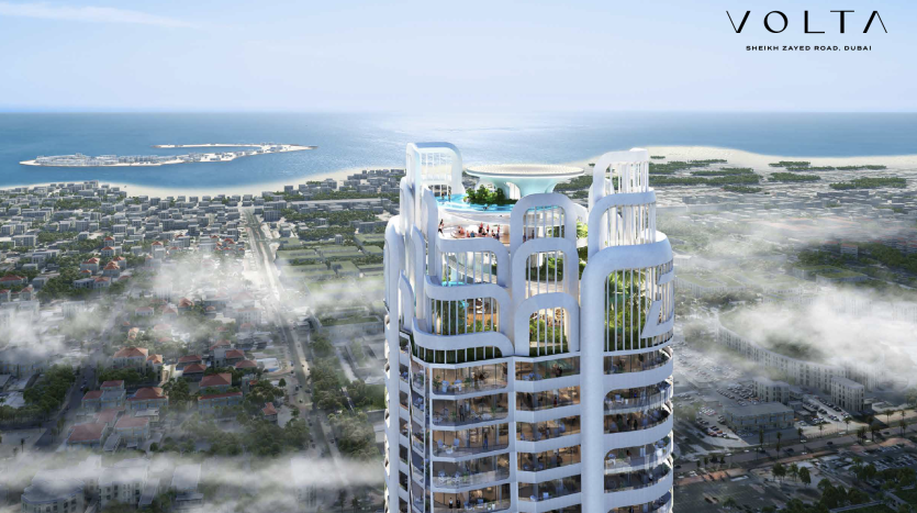 Rendu aérien de la villa de grande hauteur « Volta » à Dubaï, présentant un design unique et moderne avec des balcons en terrasse et des jardins luxuriants sur le toit, dans le contexte d&#039;une ville côtière.