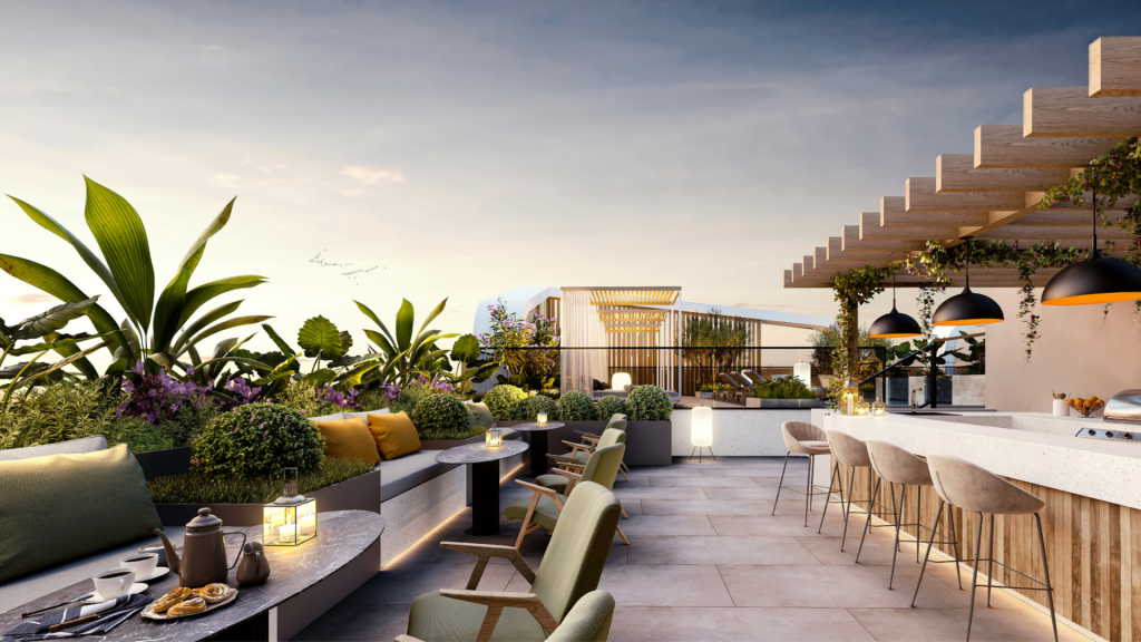 Toit-terrasse luxueux dans une villa de Dubaï avec pergola moderne en bois, plantes vertes luxuriantes, sièges confortables et espace bar élégant, sous un ciel dégagé au coucher du soleil.