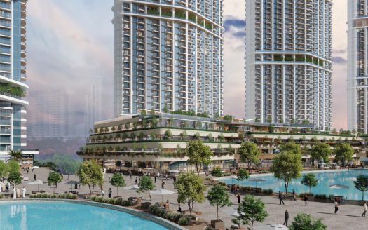 Illustration d'un développement urbain moderne à Dubaï comprenant de hautes tours résidentielles avec des terrasses vertes, entourant une place centrale animée avec des piscines, des arbres et des piétons.