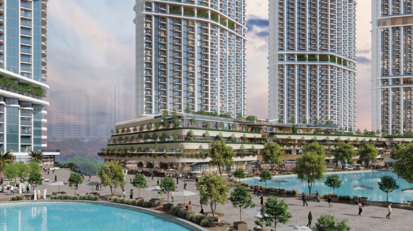 Illustration d&#039;un développement urbain moderne à Dubaï comprenant de hautes tours résidentielles avec des terrasses vertes, entourant une place centrale animée avec des piscines, des arbres et des piétons.