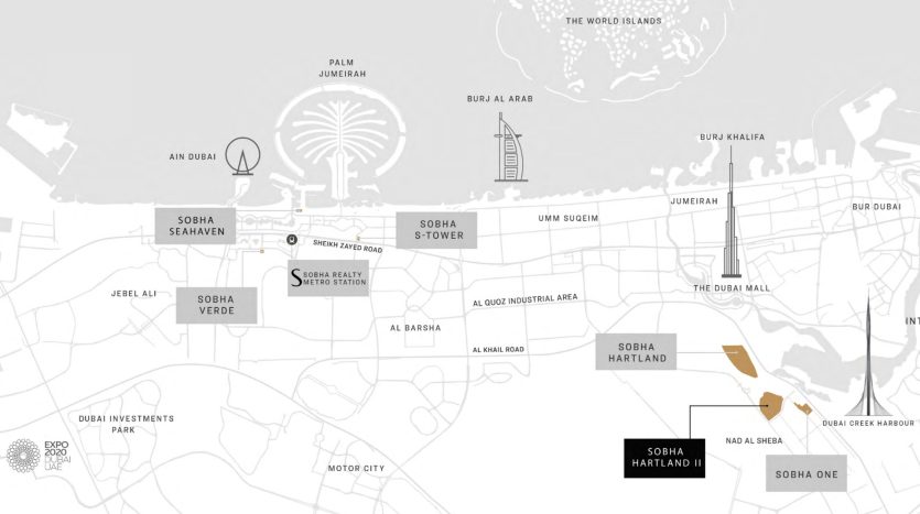 Une carte minimaliste de Dubaï présentant les principaux monuments et quartiers en gris clair avec des zones sélectionnées mises en évidence par des icônes et des étiquettes, comme Burj Khalifa et Palm Jumeirah, parfaite pour une agence imm