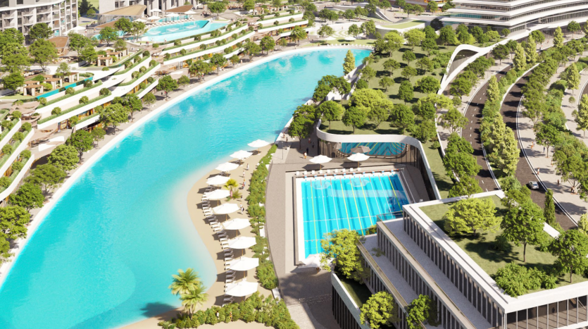 Vue aérienne d&#039;une luxueuse villa à Dubaï comprenant des bâtiments incurvés entourant un lagon bleu artificiel et des jardins paysagers, avec des espaces de détente et une piscine rectangulaire.