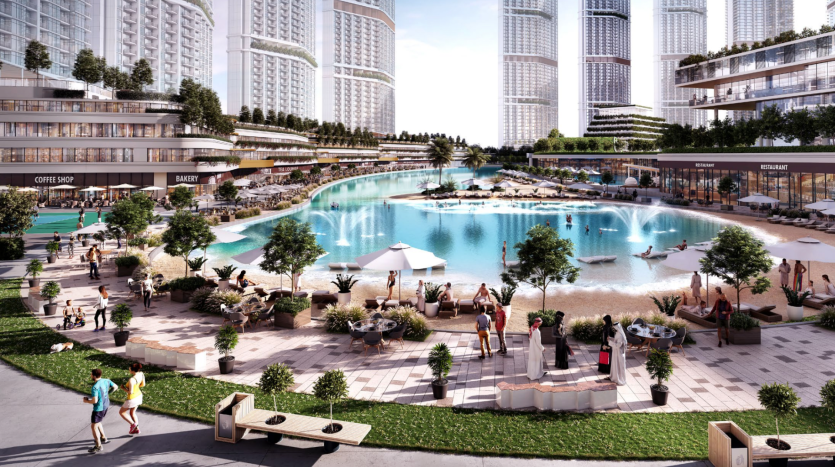 Une plage urbaine animée avec une grande piscine entourée de gratte-ciel. Les gens se détendent sur des chaises longues et explorent les commodités à proximité comme les restaurants et les magasins, proposés par les agences immobilières locales de Dubaï.