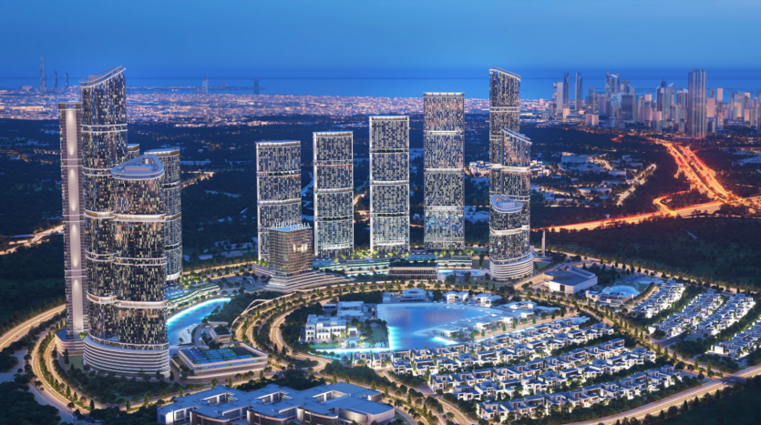 Un horizon urbain futuriste au crépuscule avec des gratte-ciel illuminés, reliés par des ponts aériens et entourés d&#039;une verdure luxuriante et un agencement suburbain mettant en vedette des villas de style Dubaï de premier plan dans un contexte côtier.