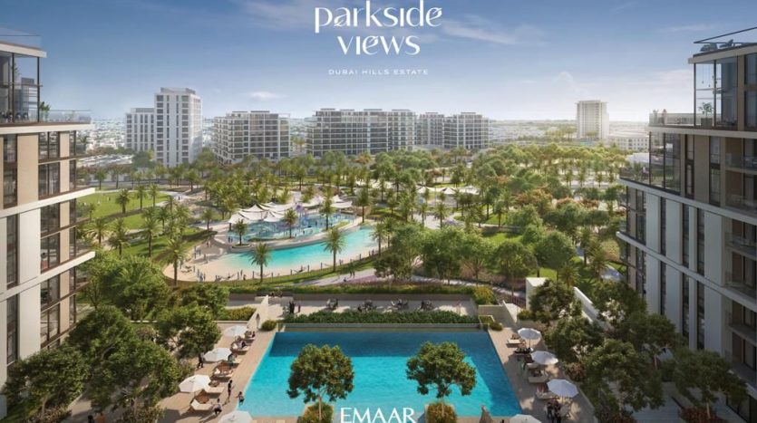 Vue aérienne d&#039;un développement résidentiel de luxe à Dubaï comprenant des bâtiments modernes entourant une piscine centrale, des espaces verts luxuriants et un horizon urbain en arrière-plan.