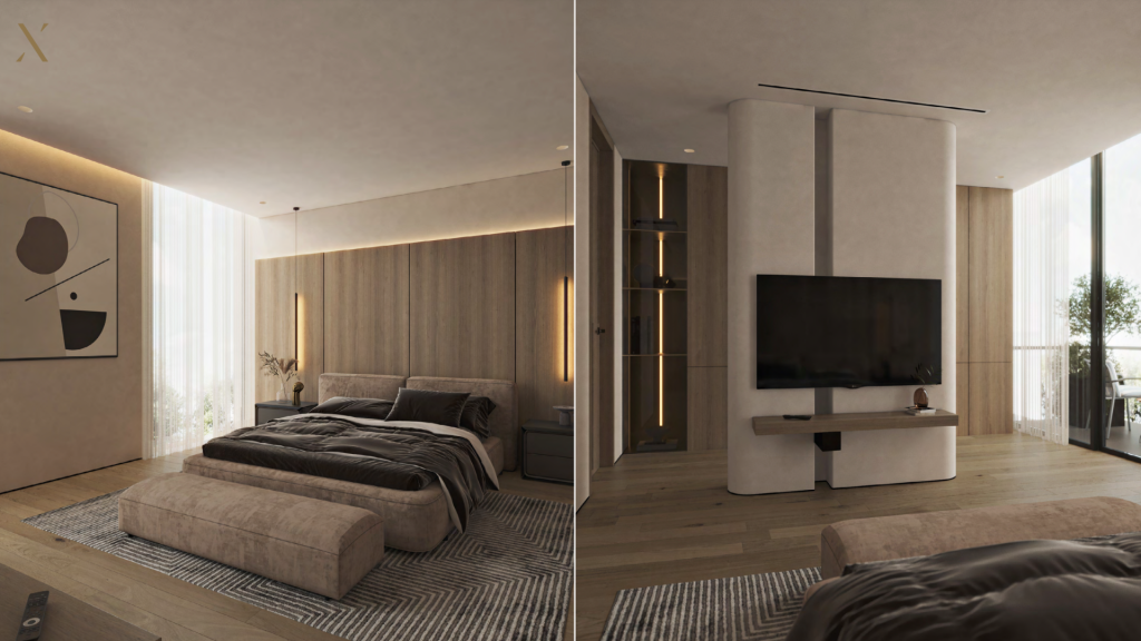 Une chambre moderne dans une villa de Dubaï avec un grand lit, des accents en bois et un éclairage ambiant est présentée. L&#039;image de droite révèle un meuble TV rotatif et un aperçu d&#039;un balcon.