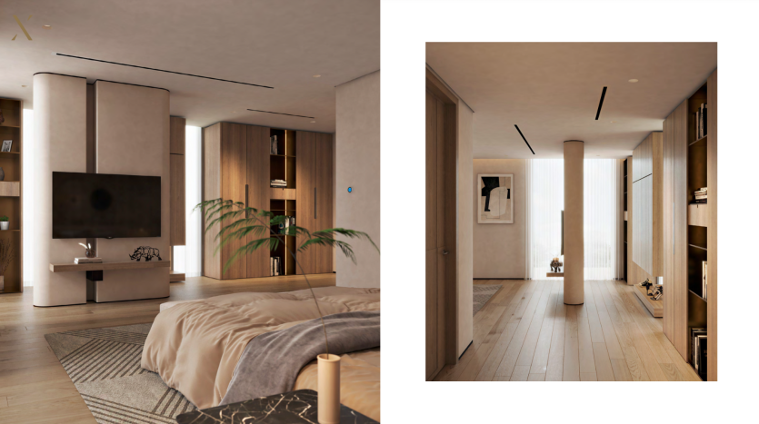 Deux images de chambres modernes au design minimaliste, avec parquet, murs beiges et mobilier contemporain dans une propriété de Dubaï. L&#039;image de gauche montre une zone de télévision ; l&#039;image de droite une vue du couloir menant à