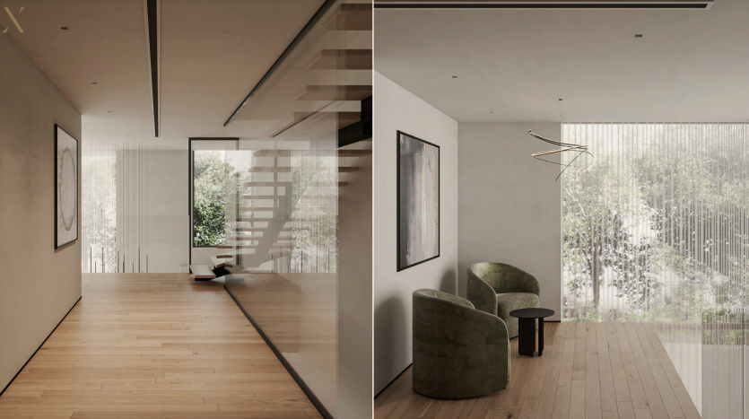 Deux images d’un intérieur moderne au design minimaliste dans une villa à Dubaï. La gauche montre un couloir avec du parquet et des tableaux encadrés, tandis que la droite représente un coin cosy avec un fauteuil vert et