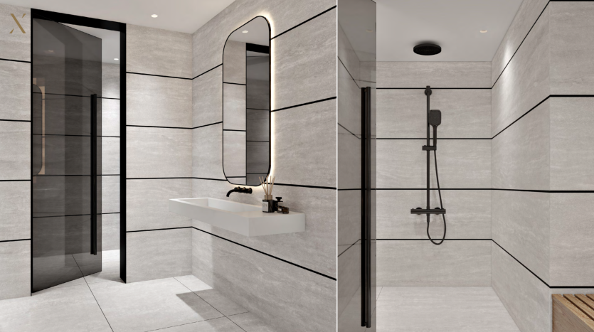 Salle de bains moderne comprenant une douche à porte vitrée, un miroir ovale avec rétroéclairage, un lavabo mural et des murs et un sol en carrelage gris sophistiqué dans une élégante villa de Dubaï.