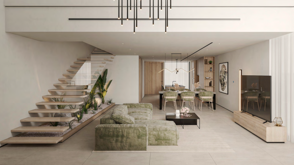 Salon moderne dans une propriété immobilière de Dubaï intégrant des éléments naturels avec un escalier flottant, plusieurs plantes vertes et des tons clairs et neutres ; atmosphère spacieuse mais chaleureuse soulignée par un mobilier et un éclairage élégants.