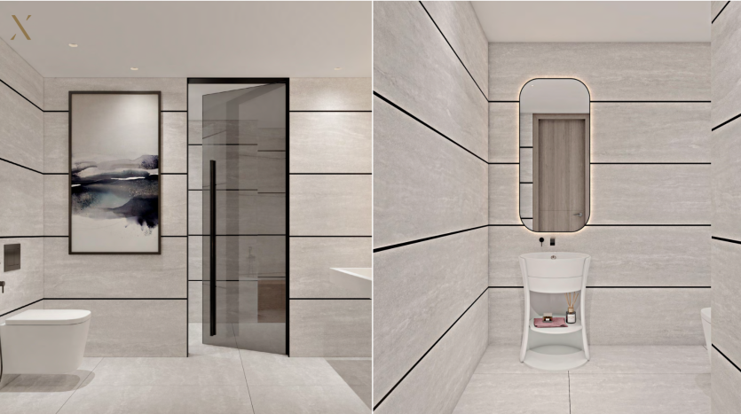 Deux images de salles de bains modernes au design minimaliste dans une propriété haut de gamme de Dubaï. La gauche montre une salle de bains avec toilettes, baignoire et œuvres d’art encadrées. La droite présente un gros plan d&#039;une zone de toilettes compacte