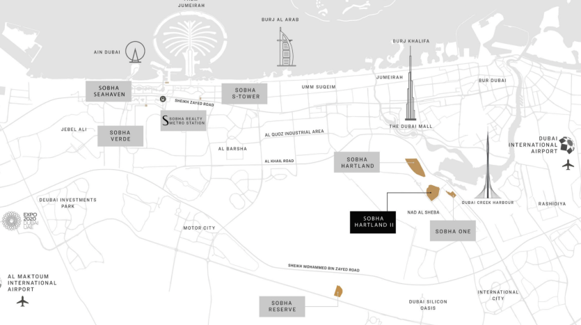 Carte de Dubaï mettant en évidence les principales zones telles que Jumeirah, Dubailand, Villa Dubai et des monuments tels que l&#039;aéroport international de Dubaï et Sobha Hartland. Le design est minimaliste avec des icônes et des noms pour chacun