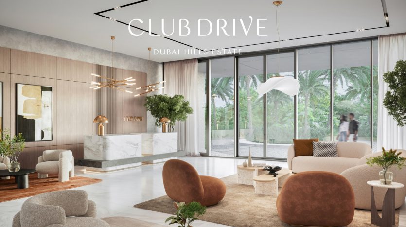 Un coin salon moderne et luxueux dans la Villa Dubai, Dubai Hills Estate, doté d&#039;un mobilier élégant, d&#039;accents en marbre et de grandes fenêtres donnant sur la verdure.