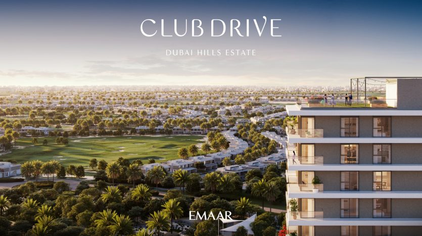 Une image promotionnelle pour le club drive du Dubai Hills Estate, avec une vue depuis un balcon de grande hauteur donnant sur un parcours de golf verdoyant entouré de bâtiments résidentiels modernes comprenant des villas et des appartements sous un ciel clair.